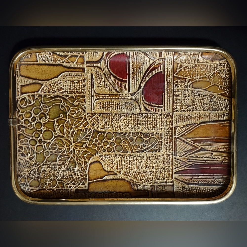 Showa Leather Artistic Textured Tray Red and Brown Accents With Gold Trim
